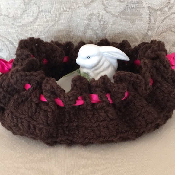 HAND CRAFTED Drawstring Wristlet Baguette Vintage Crochet Brown Pink - Picture 9 of 9